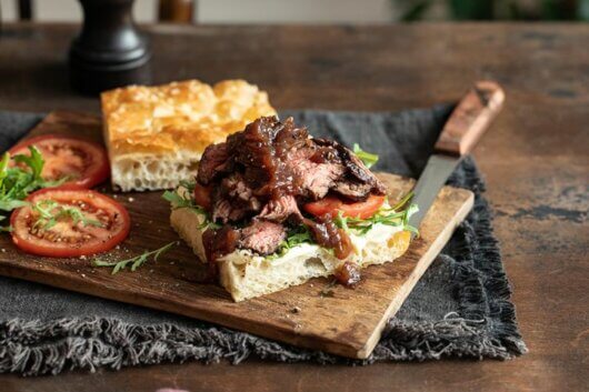 Skirt Steak Foccacia with Red Onion Relish