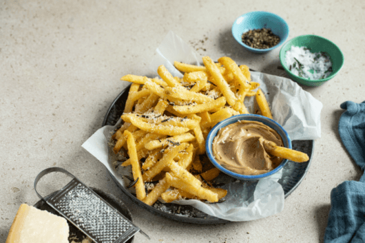 Irresistible crispy rosemary chips, generously sprinkled with Parmesan cheese and served with a side of creamy Ballymaloe Mayo.