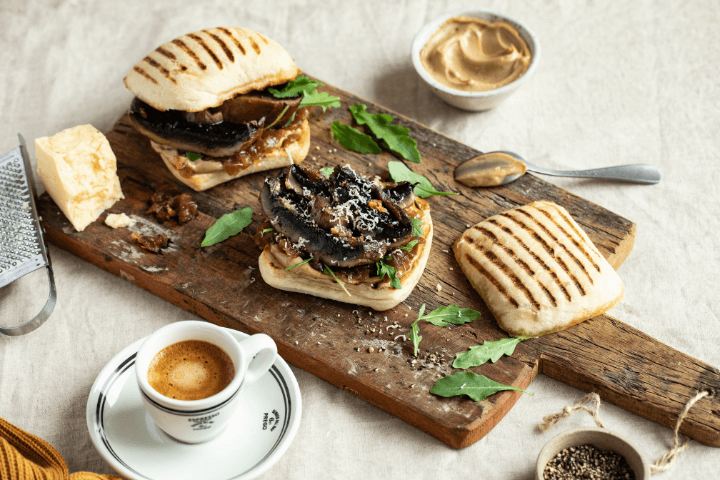 A gourmet Portobello mushroom sandwich on a fresh ciabatta bread, drizzled with rich Ballymaloe Mayo, a savory delight perfect for vegetarians