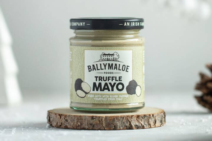 Close-up image of a jar of Ballymaloe Truffle Mayo, featuring a decadent blend of truffle and creamy mayonnaise, perfect for gourmet cuisine.